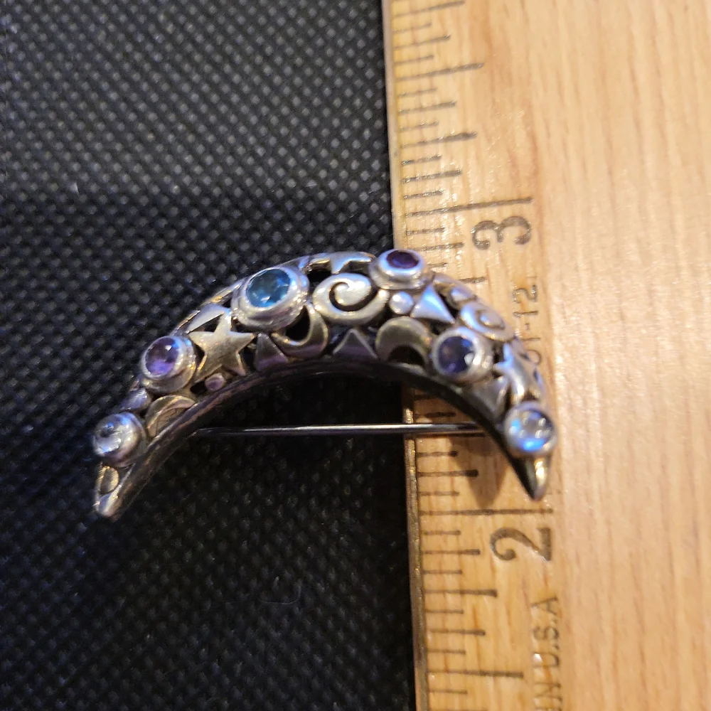 Crescent Moon & Stars Birthstone Sterling Silver Brooch